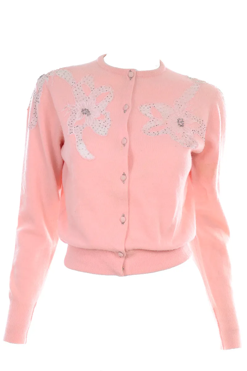 1950s Peach Pink Floral Beaded Vintage Cardigan