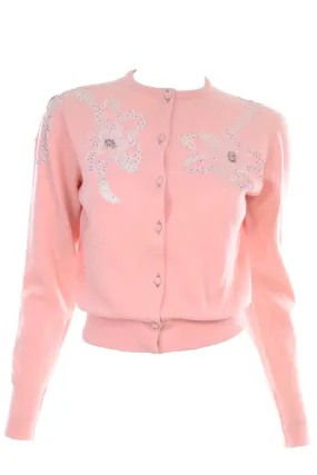 1950s Peach Pink Floral Beaded Vintage Cardigan