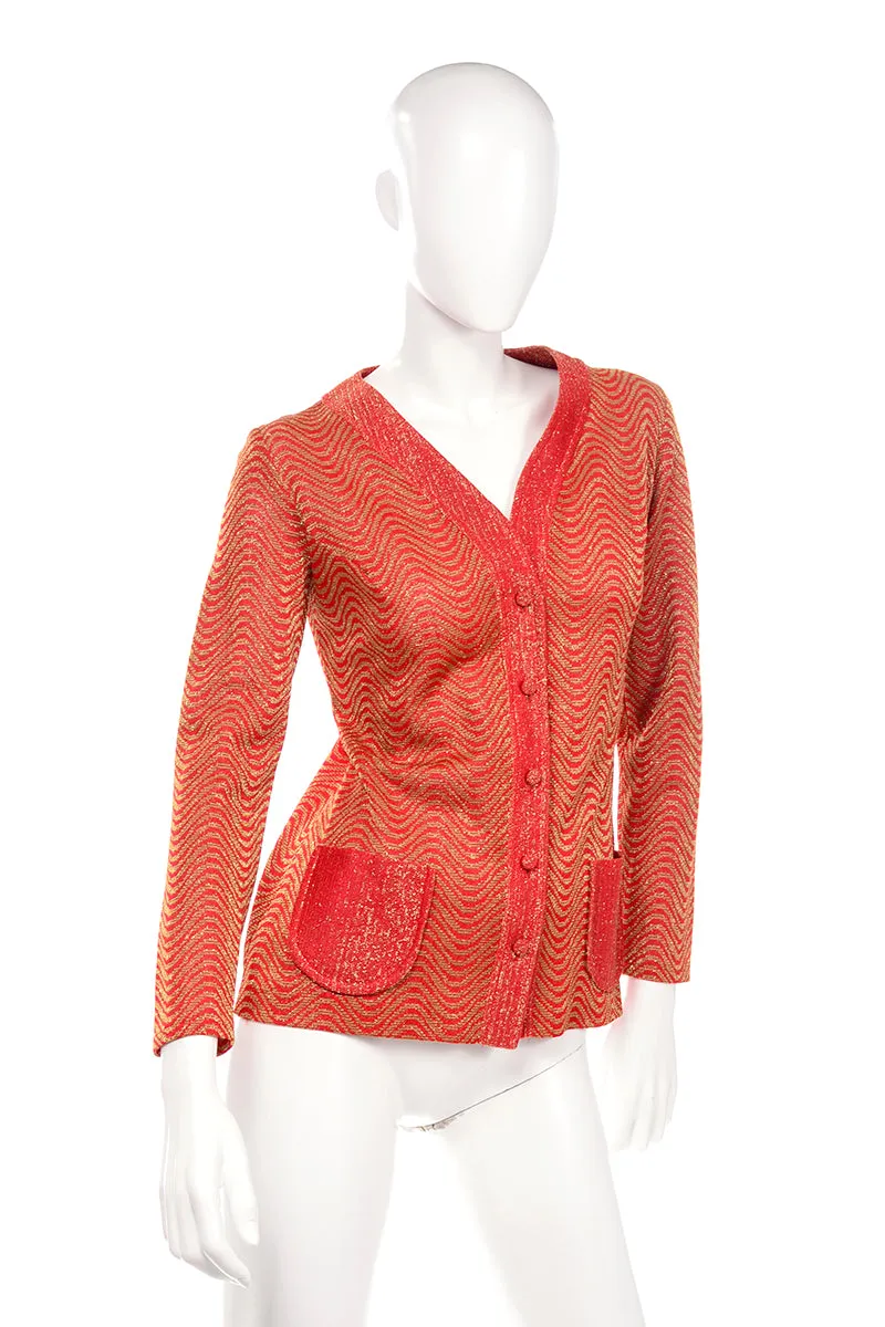 1970's Red & Gold Wavy Stripe Button Down Cardigan Sweater