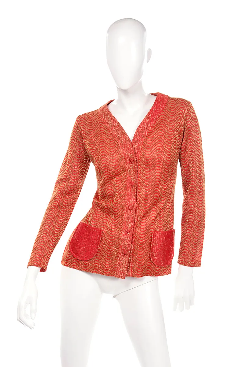 1970's Red & Gold Wavy Stripe Button Down Cardigan Sweater