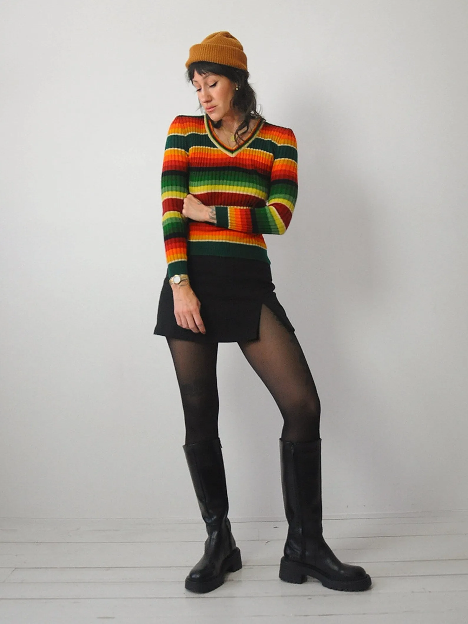 1970's Ribbed Rainbow Striped Sweater