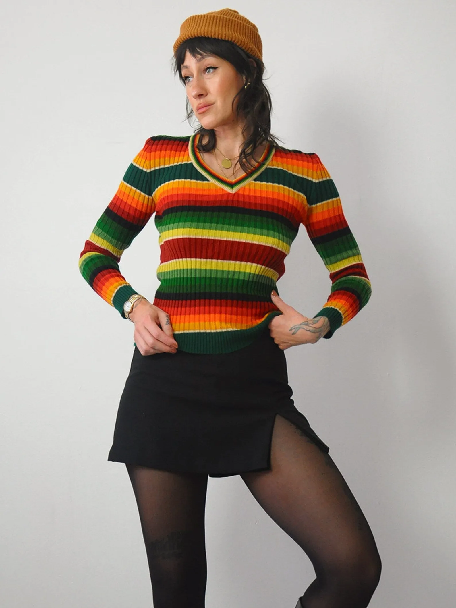 1970's Ribbed Rainbow Striped Sweater