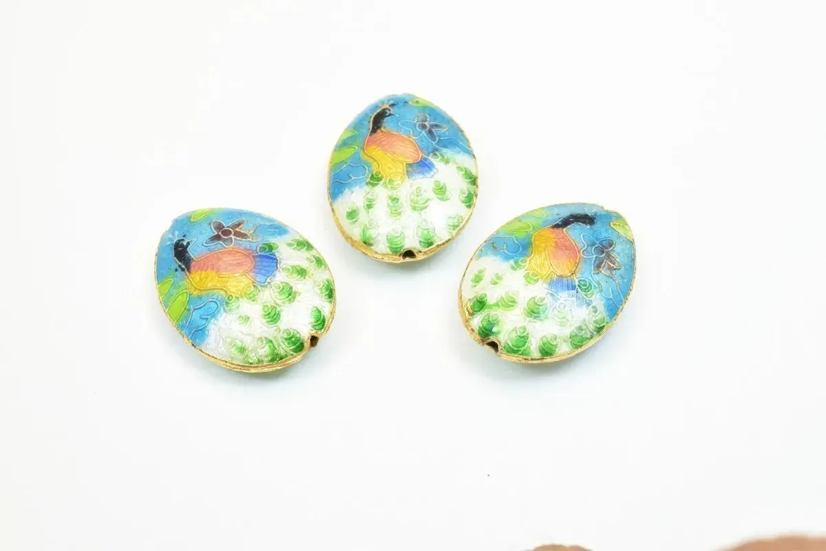 3 PCs Peacock Oval Cloisonne Pendant Beads Size 25x18mm Thickness 5mm Hole Size 1mm Enamel Design Sweater Chain Charm For Jewelry Making