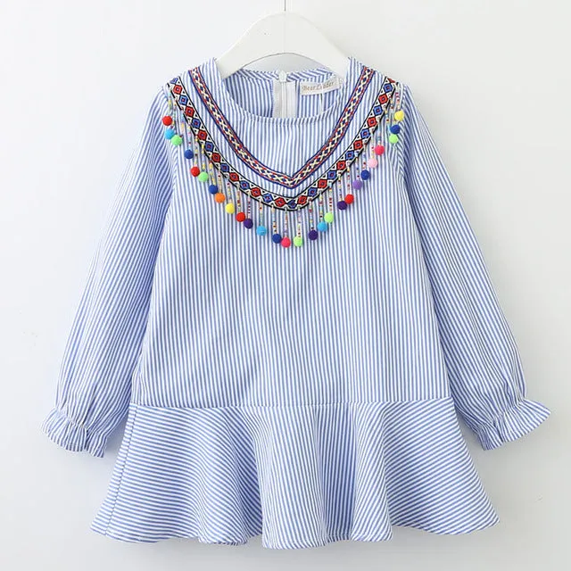 Bear Leader Girls Dress New Autumn Casual Ruffles A-Line Striped Full Sleeve Kids Dress For 3T-7T