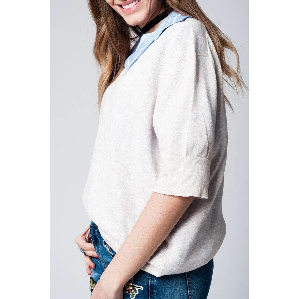 Beige lightweight knit sweater with 3/4 sleeves