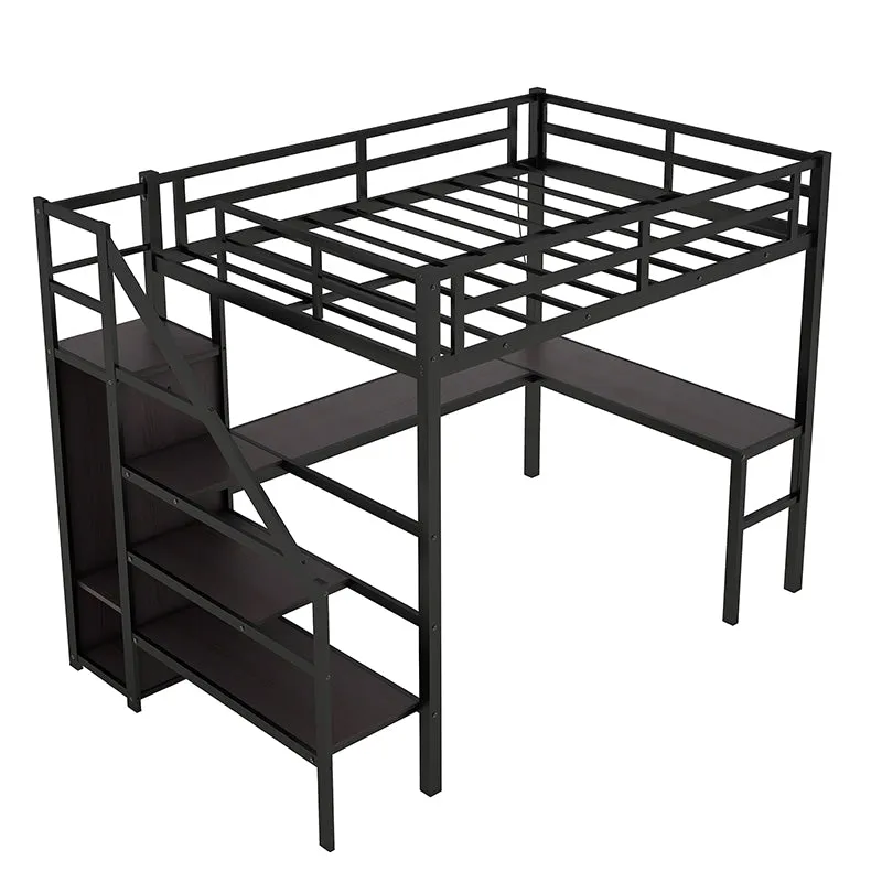 Bellemave® Metal Loft Bed with L-shaped Desk,Wardrobe and Adjustable Shelf