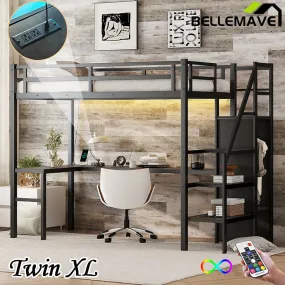 Bellemave® Metal Loft Bed with L-shaped Desk,Wardrobe and Adjustable Shelf