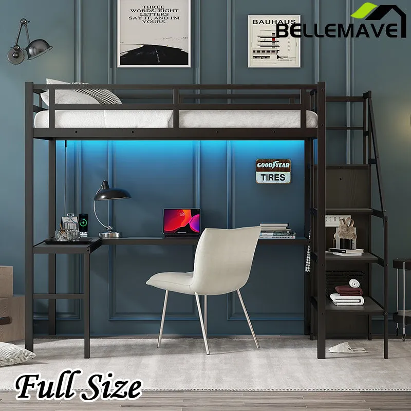 Bellemave® Metal Loft Bed with L-shaped Desk,Wardrobe and Adjustable Shelf