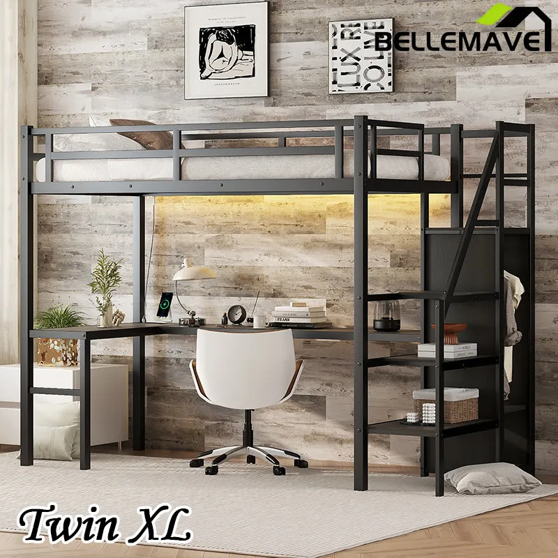 Bellemave® Metal Loft Bed with L-shaped Desk,Wardrobe and Adjustable Shelf