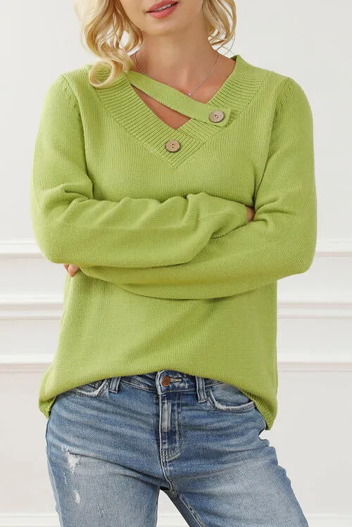 BerryBetty - Asymmetrical Neck buttoned Long Sleeve Sweater