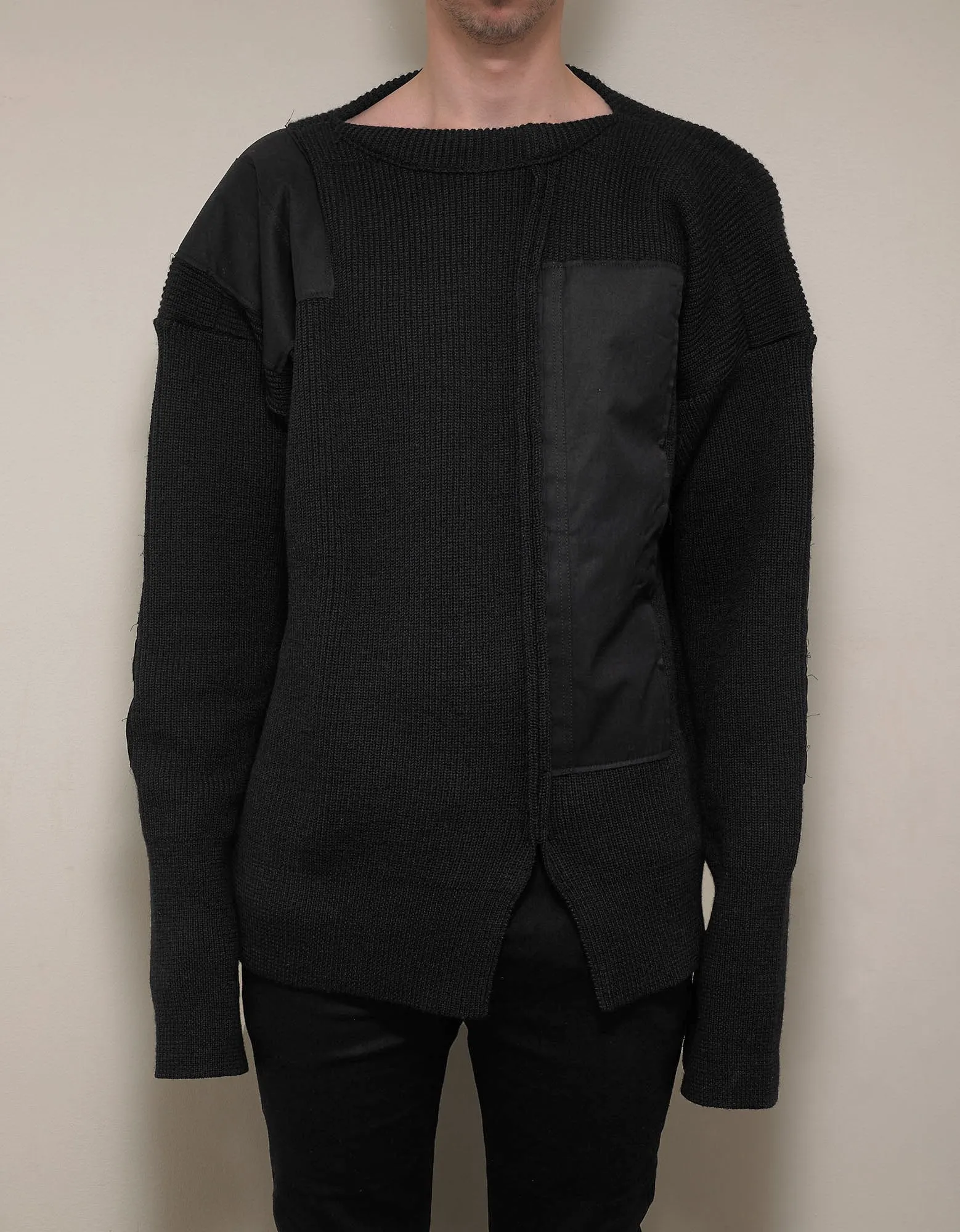 Black Wool Sweater with Contrast Patches