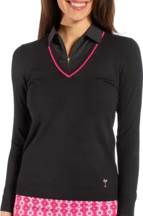 Black/Hot Pink Stretch V-Neck Sweater