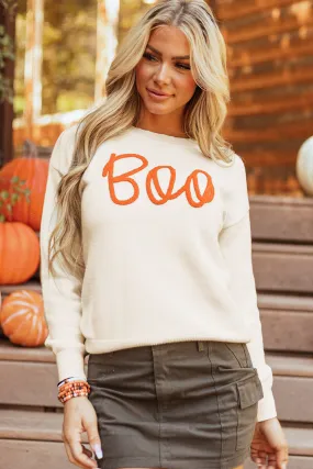 Boo Knitted Pattern Ribbed Edge Drop Shoulder Sweater