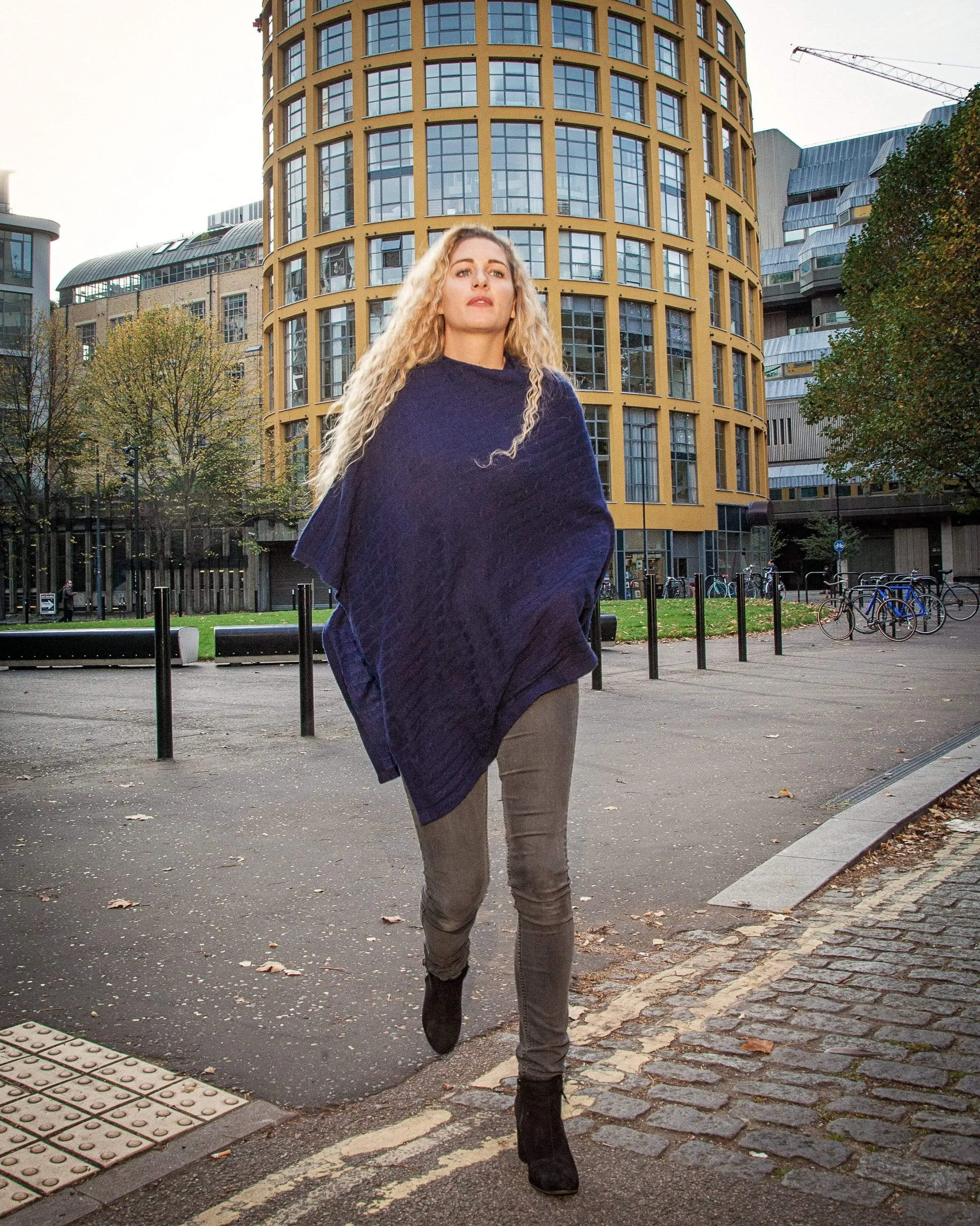 Cable Knit Navy Blue Poncho