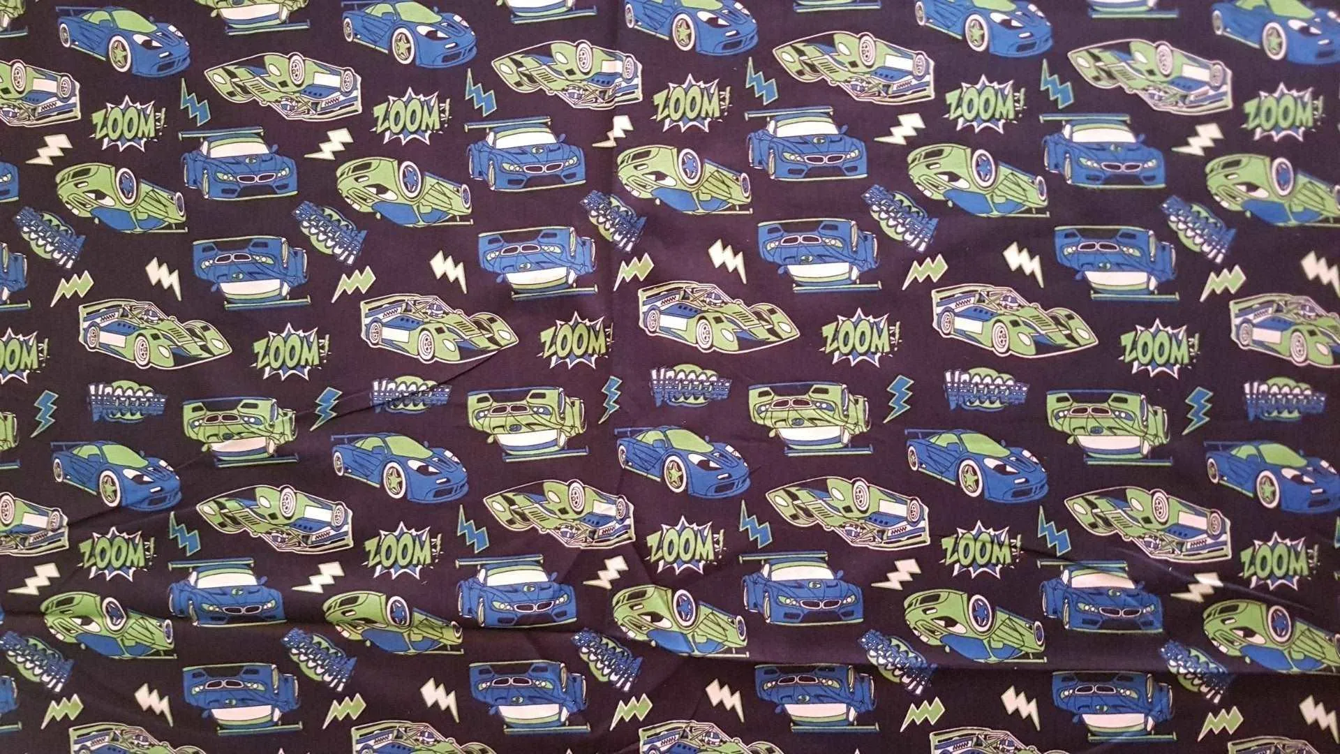 Car FLANNEL Fabric Blue and Green Racing Cars with Zoom Text