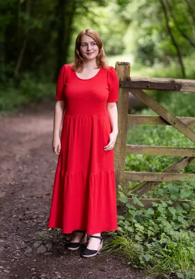 Carmine Red Tiered Hem Midaxi Dress