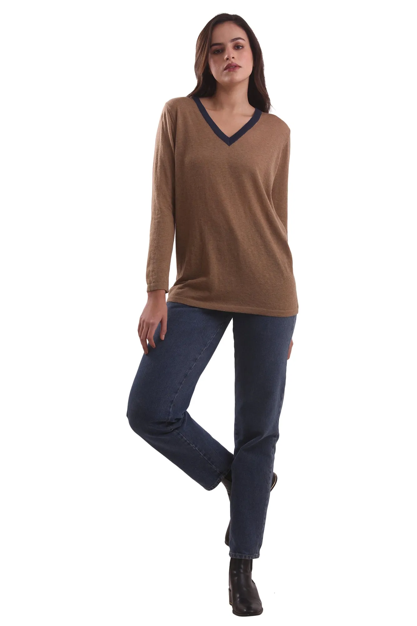 Cashew Brown V-Neck Sweater