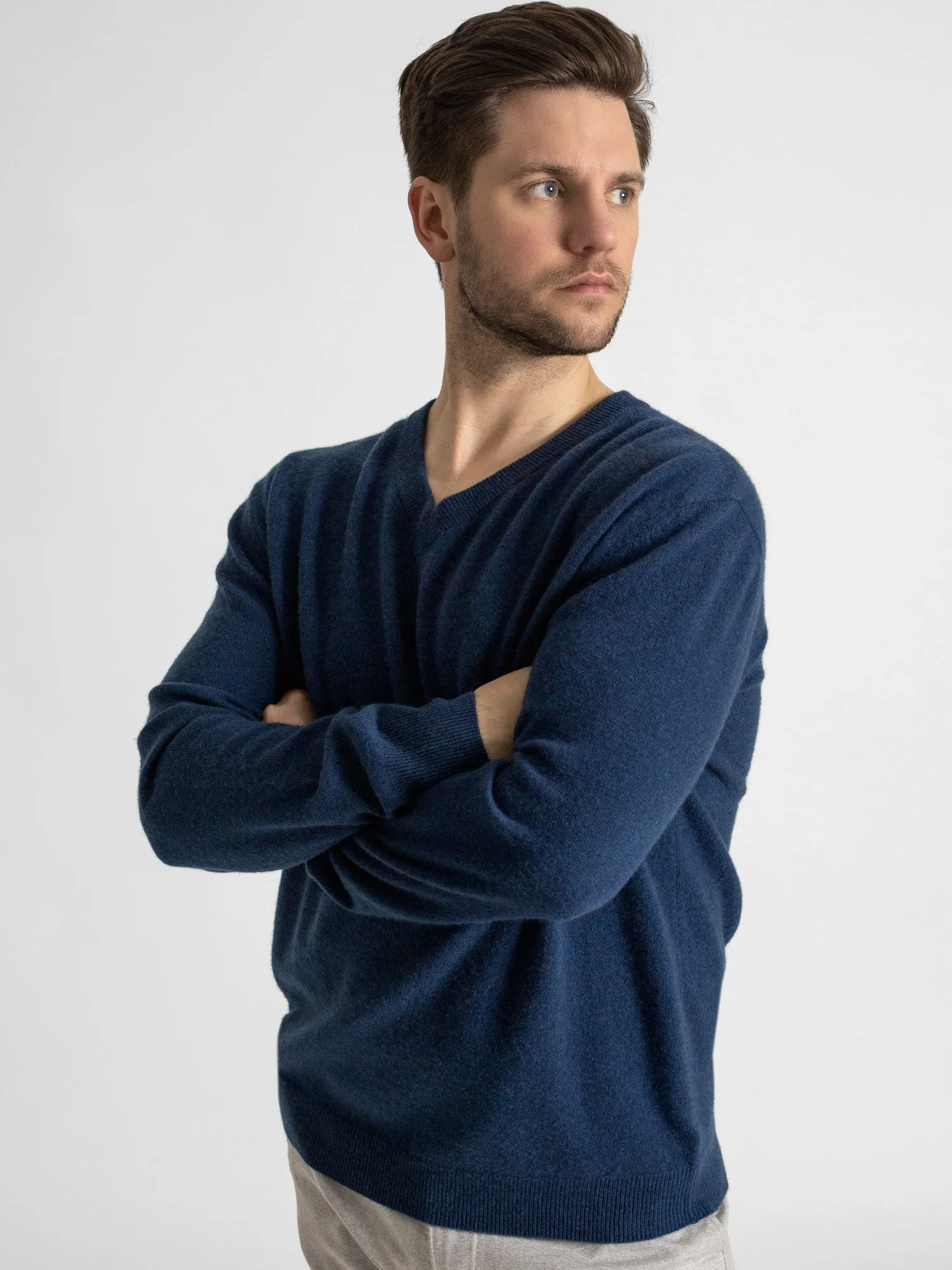 Cashmere sweater men "V-neck" - mountain blue