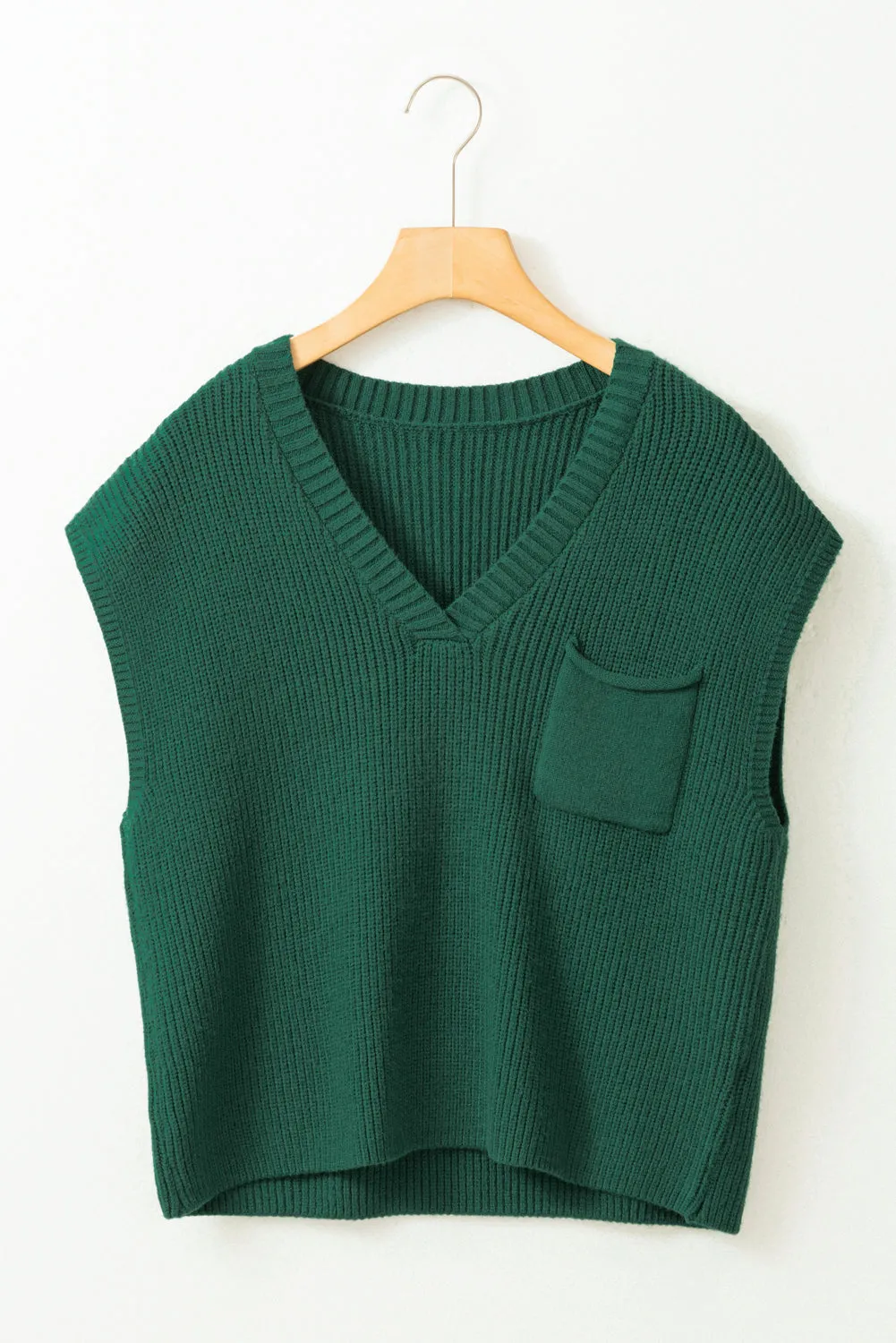 Chest Pocket V Neck Ribbed Cap Sleeve Sweater