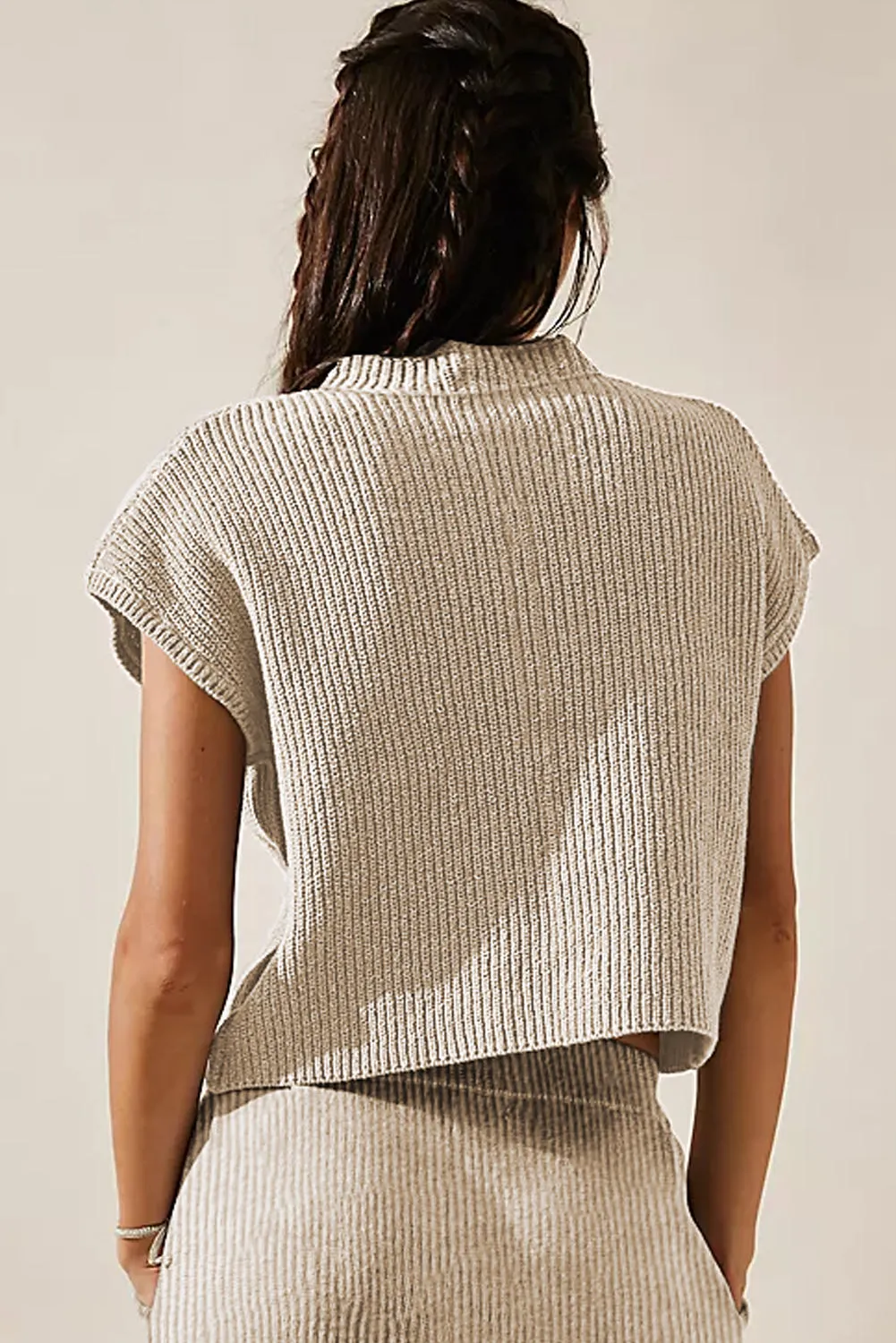 Chest Pocket V Neck Ribbed Cap Sleeve Sweater