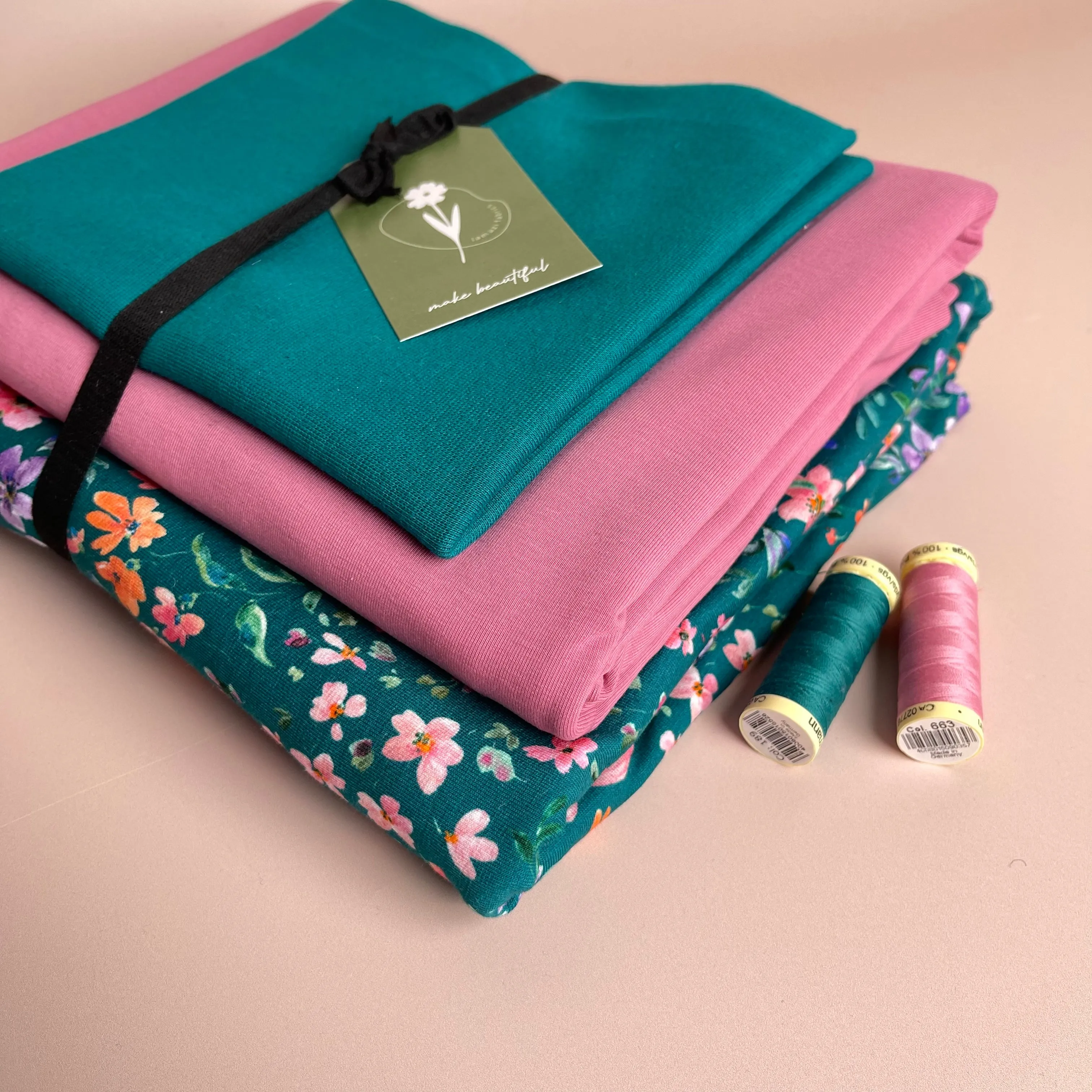 Colour Bundles - Small Flowers Teal Cotton French Terry and Jersey with Ribbing