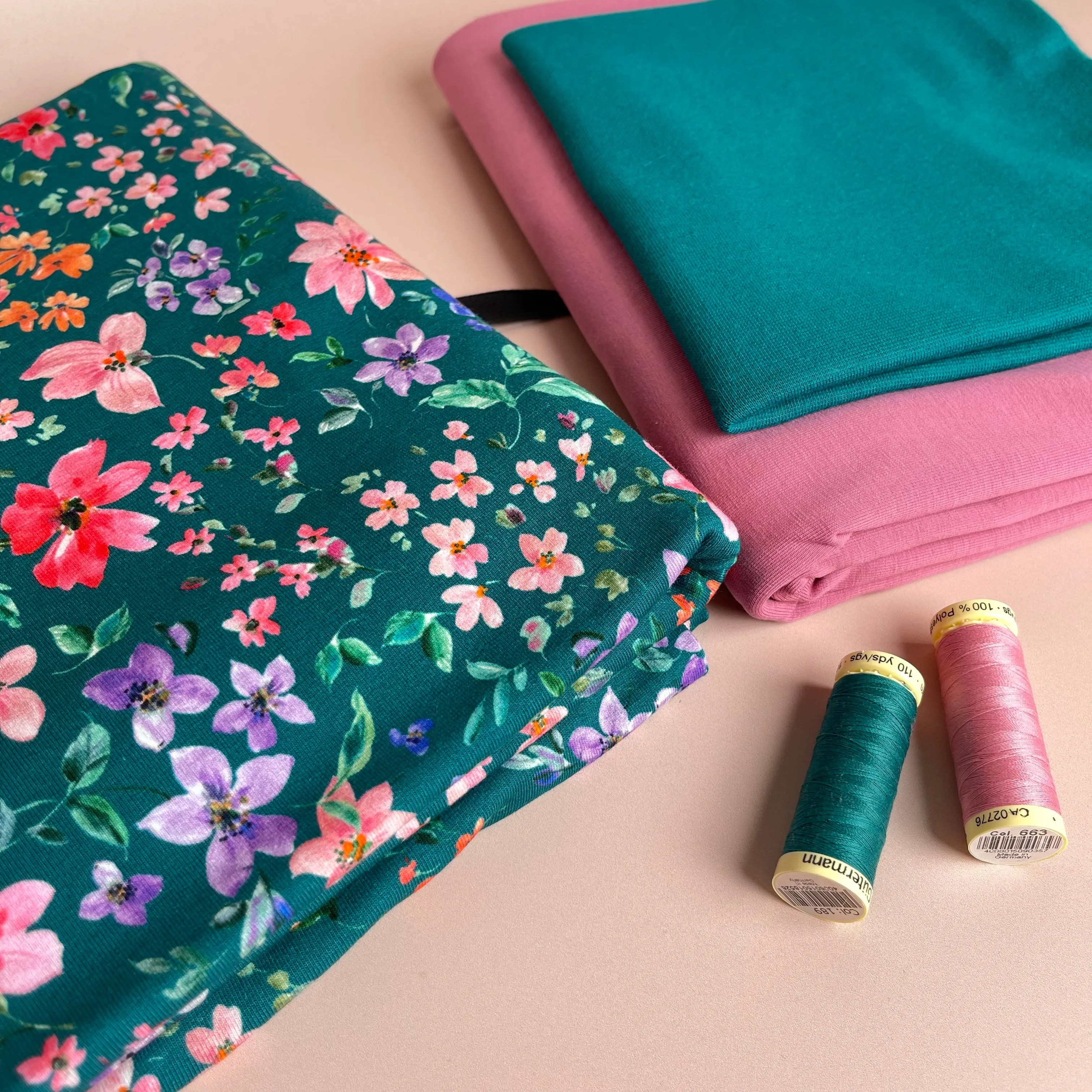 Colour Bundles - Small Flowers Teal Cotton French Terry and Jersey with Ribbing