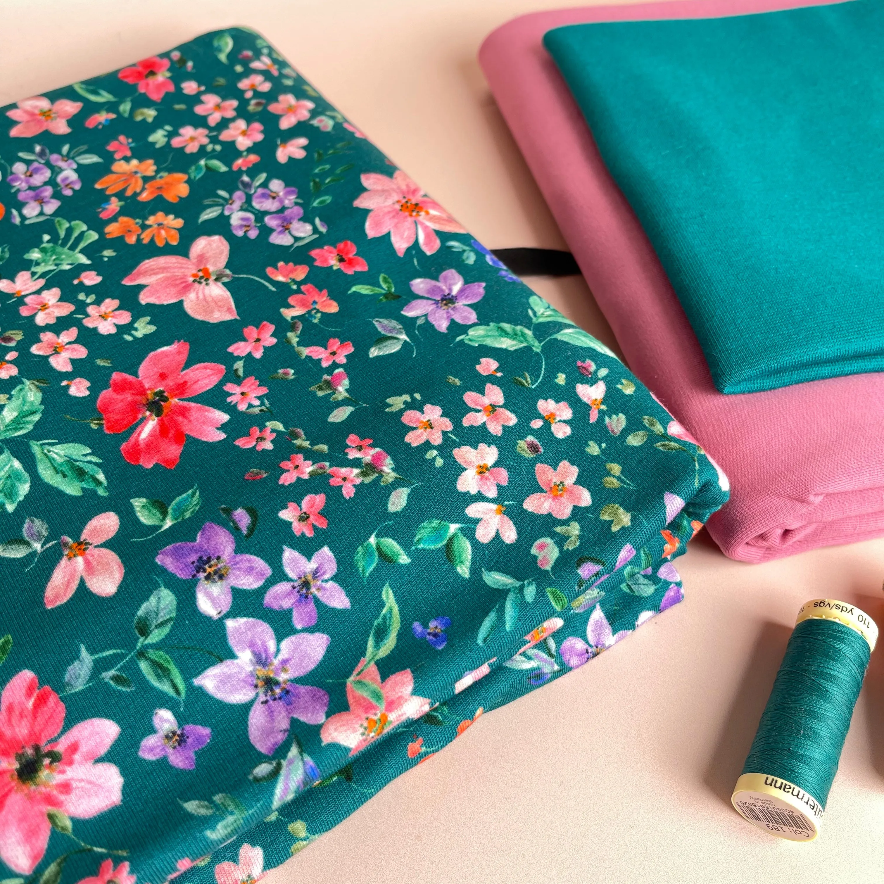 Colour Bundles - Small Flowers Teal Cotton French Terry and Jersey with Ribbing