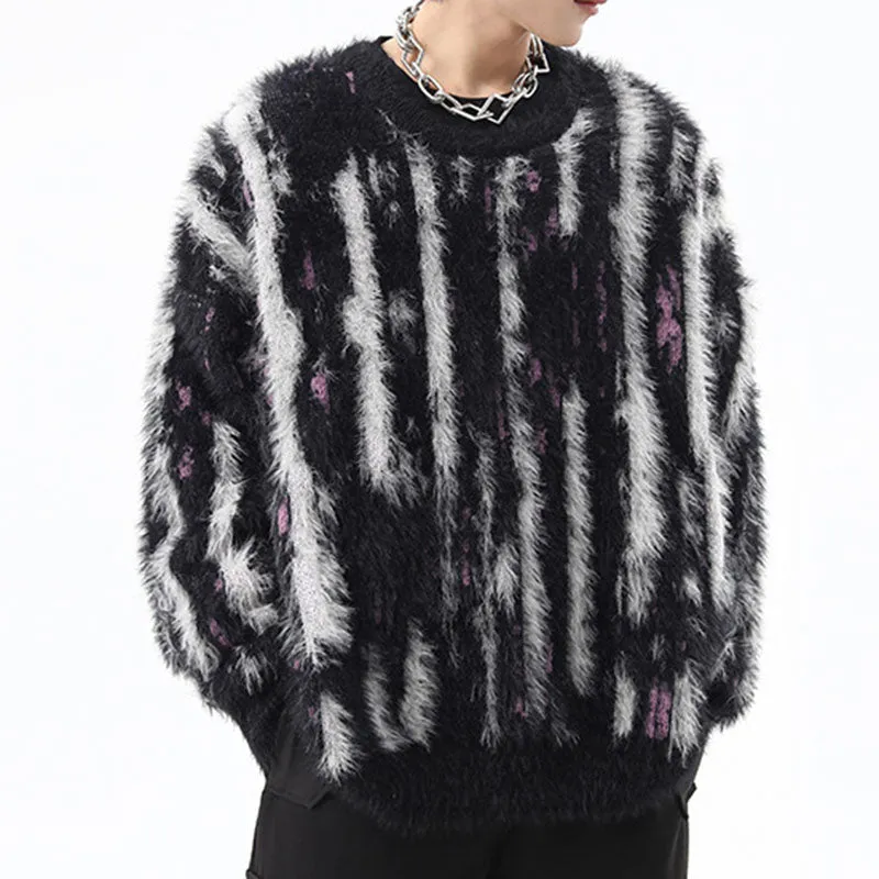 Contrast Color Vertical Stripe Crew Neck Sweater