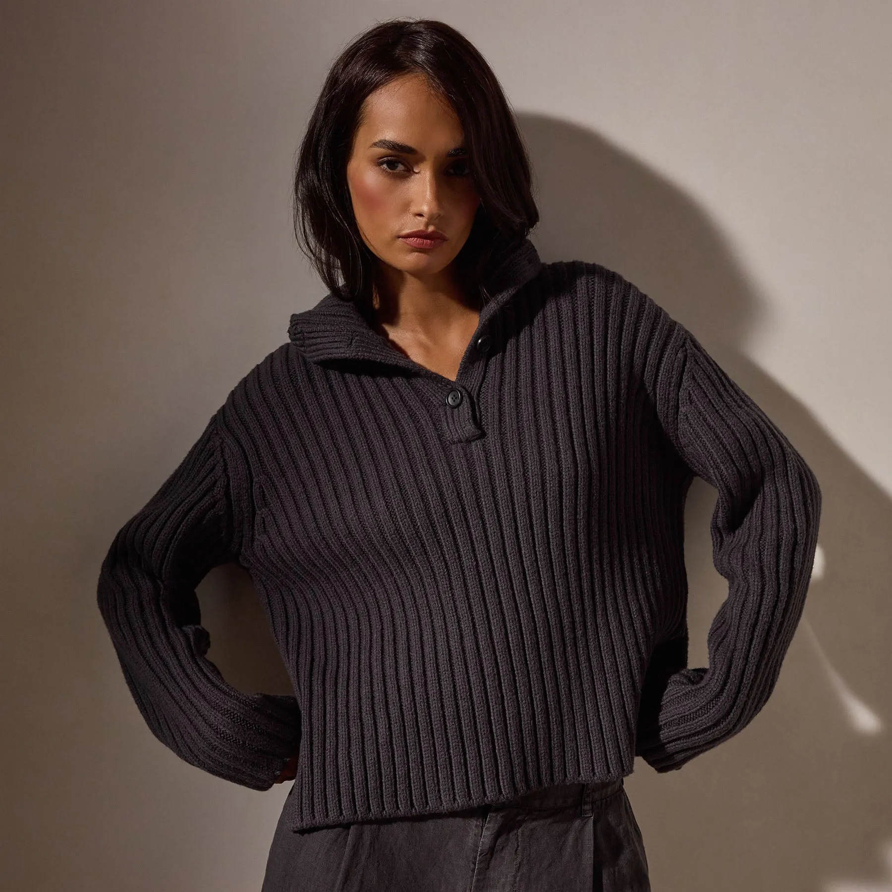 Cotton Knit Funnel Neck Sweater - Magma