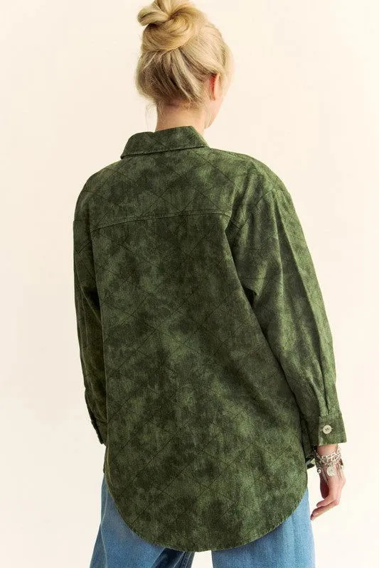 Davi & Dani Curved Hem Diamond Quilted Button Up Denim Shacket In Green