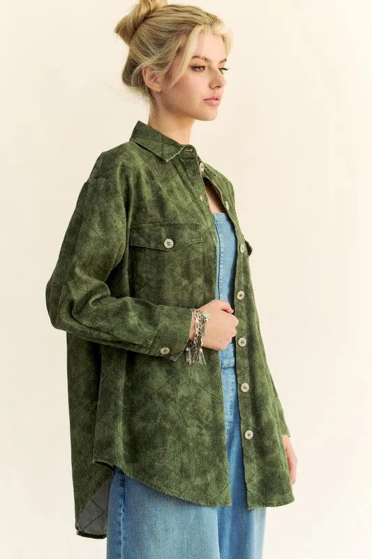 Davi & Dani Curved Hem Diamond Quilted Button Up Denim Shacket In Green