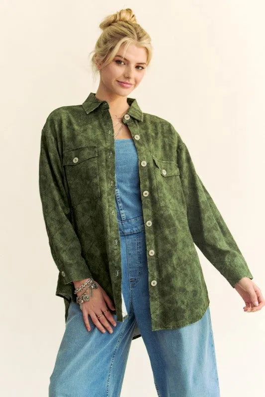 Davi & Dani Curved Hem Diamond Quilted Button Up Denim Shacket In Green