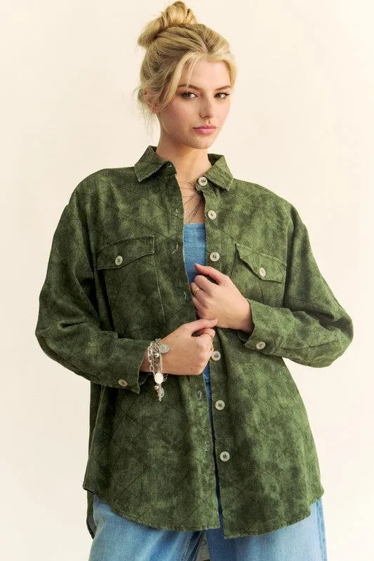 Davi & Dani Curved Hem Diamond Quilted Button Up Denim Shacket In Green