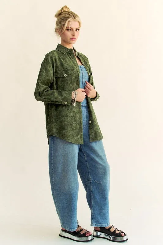 Davi & Dani Curved Hem Diamond Quilted Button Up Denim Shacket In Green