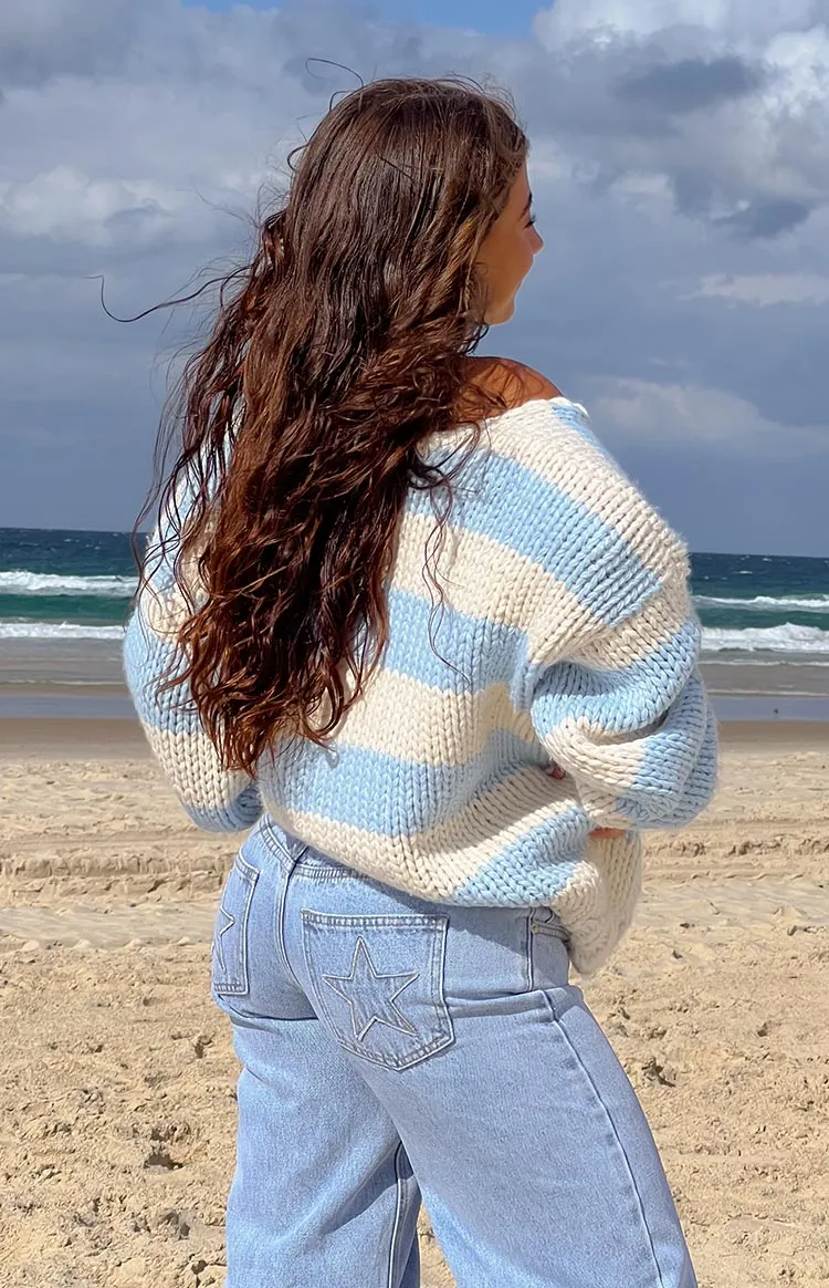 Delvey Light Blue Striped Chunky Knit Sweater