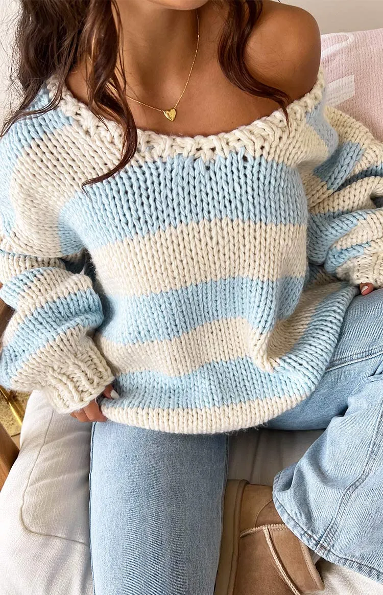 Delvey Light Blue Striped Chunky Knit Sweater