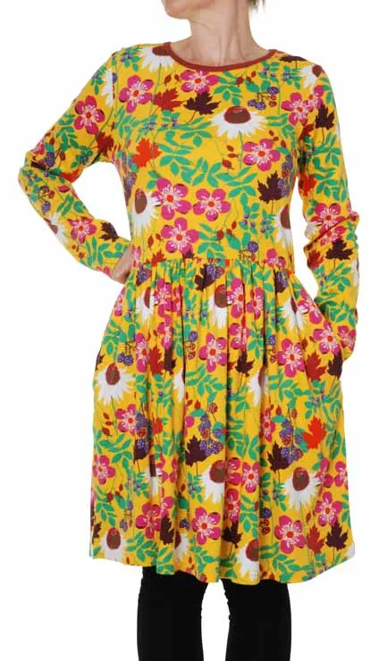 DUNS Adult LS Gathered Dress - Autumn Flower Yellow