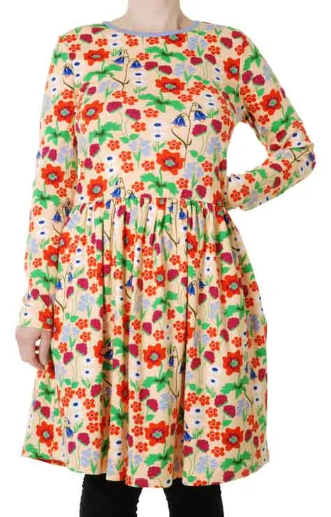 DUNS Adult LS Gathered Dress - Summer Flowers Apricot