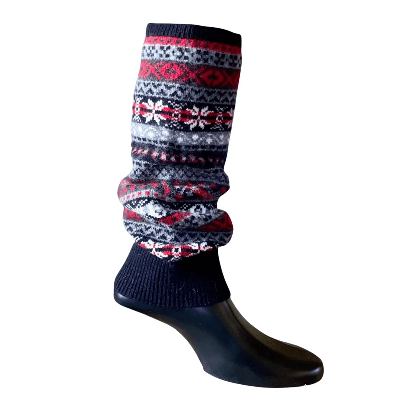 Fair Isle Knit Lambswool Leg Warmers - Red & Navy