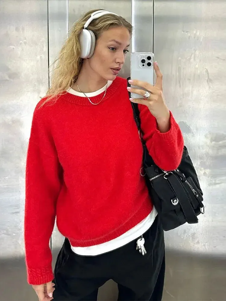 Fashionkova Christmas outfit Chic Red O-neck Pullover Sweater For Women Elegant Long Sleeves Casual Loose Knitted Tops 2024 Autumn Lady New Fashion Jumpers