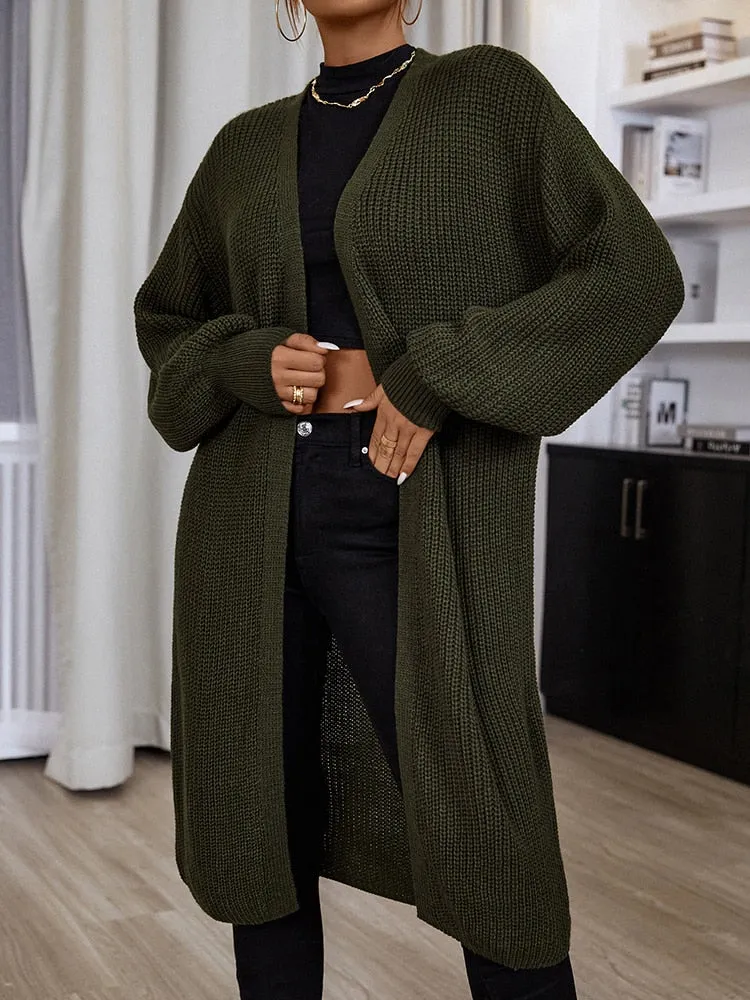 Fashionkova  Solid Dark Green H Shape Knee Length Loose Open Cardigan Sweater Long Lantern Sleeves Winter Minimalism Knit Clothing