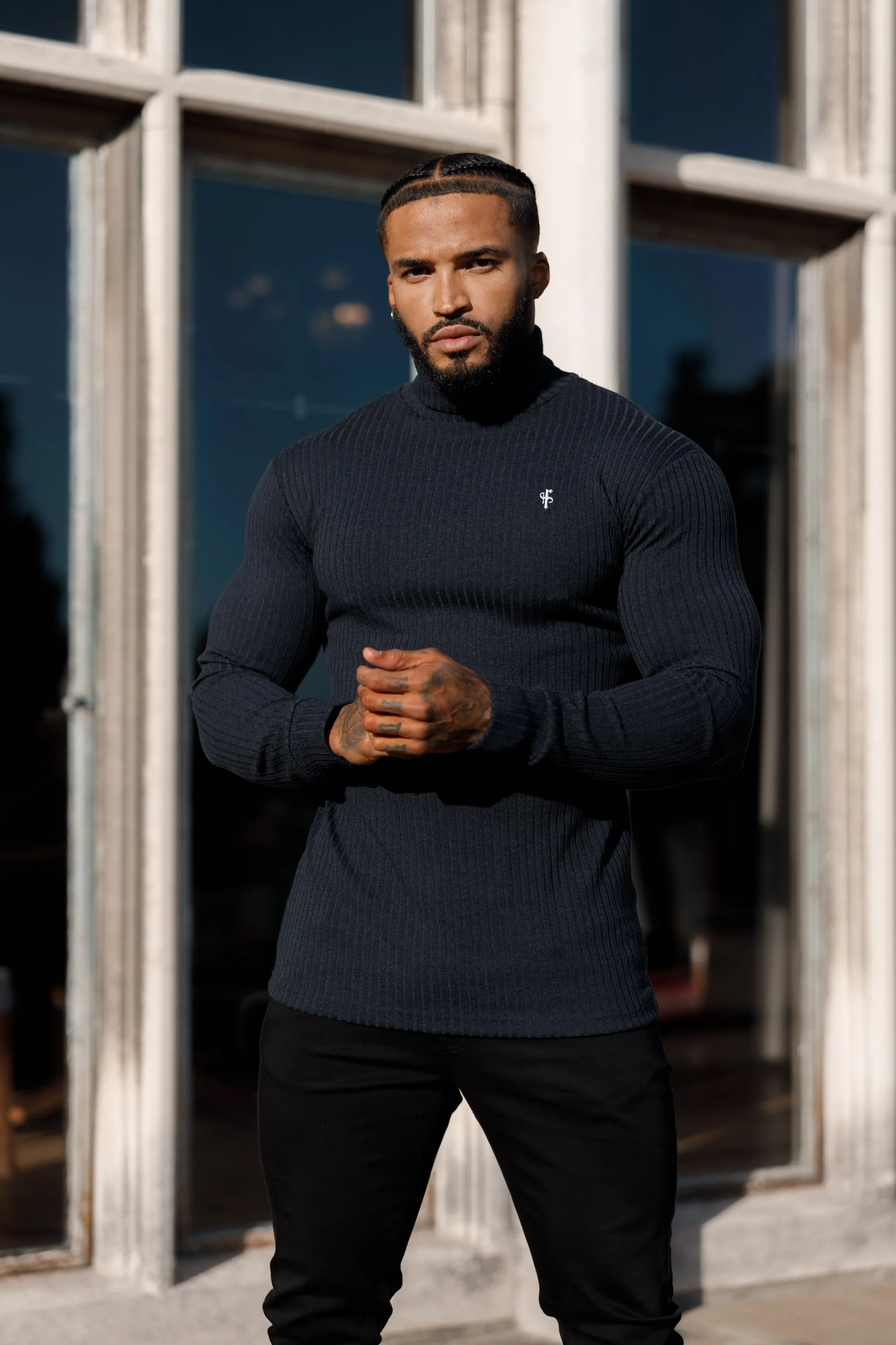 Father Sons Classic Navy Ribbed Knit Roll neck Sweater - FSH778