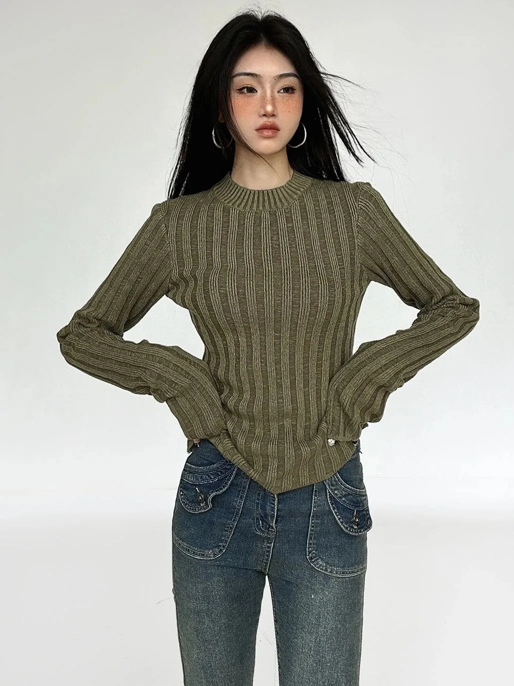 Girlary Vintage Green Crop Sweater Women Fairy Grunge Striped Pullover Casual Slim Knitted Jumper Harajuku Fashion Sueter Mujer