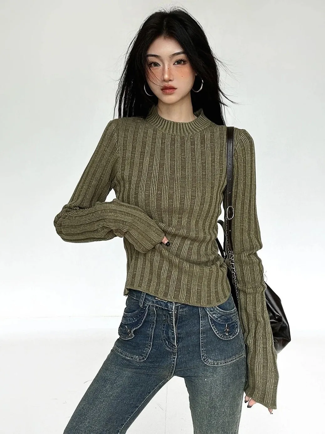 Girlary Vintage Green Crop Sweater Women Fairy Grunge Striped Pullover Casual Slim Knitted Jumper Harajuku Fashion Sueter Mujer