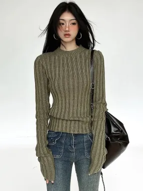 Girlary Vintage Green Crop Sweater Women Fairy Grunge Striped Pullover Casual Slim Knitted Jumper Harajuku Fashion Sueter Mujer