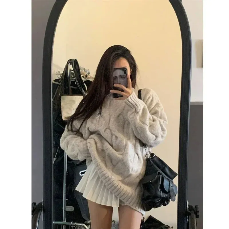 Girlary Vintage Twist Women Sweater Harajuku Korean Fashion Long Sleeve Knitted Pullovers Loose Solid Jumper Autumn Winter Warm