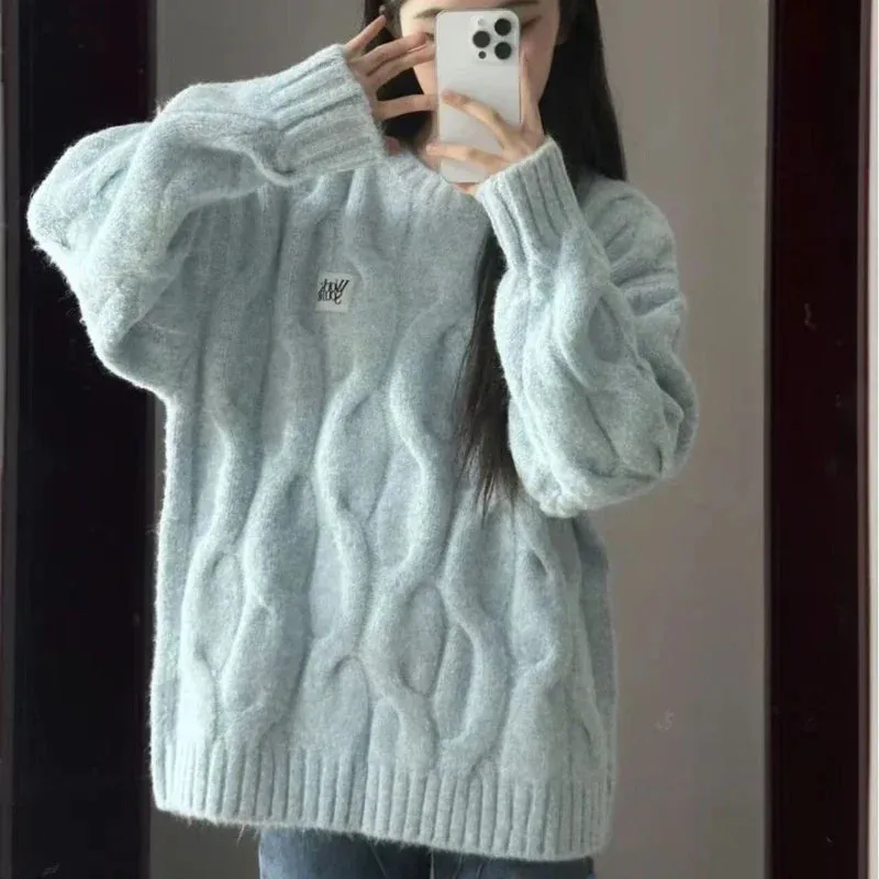 Girlary Vintage Twist Women Sweater Harajuku Korean Fashion Long Sleeve Knitted Pullovers Loose Solid Jumper Autumn Winter Warm