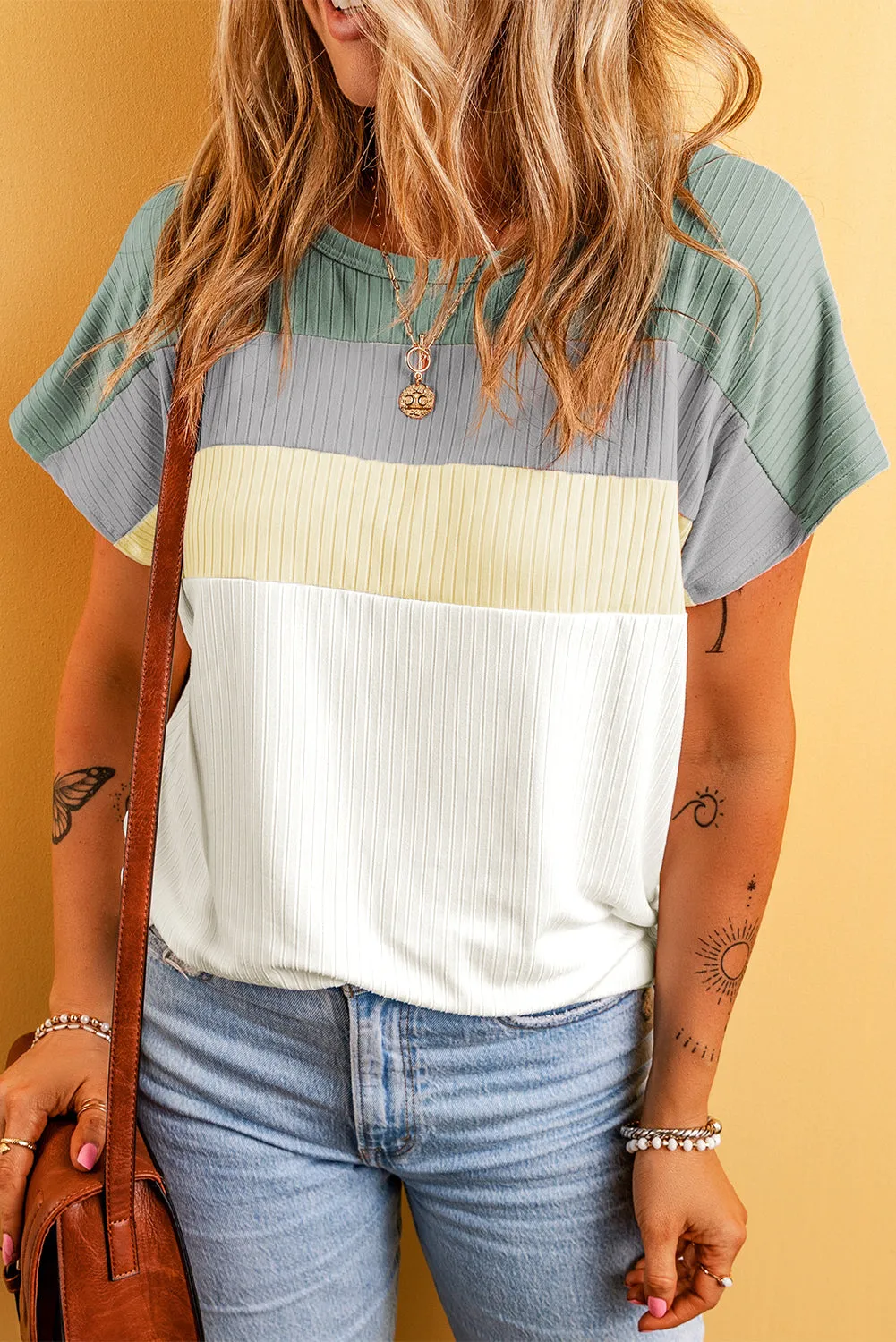 Gray Ribbed Color Block Patchwork T-shirt