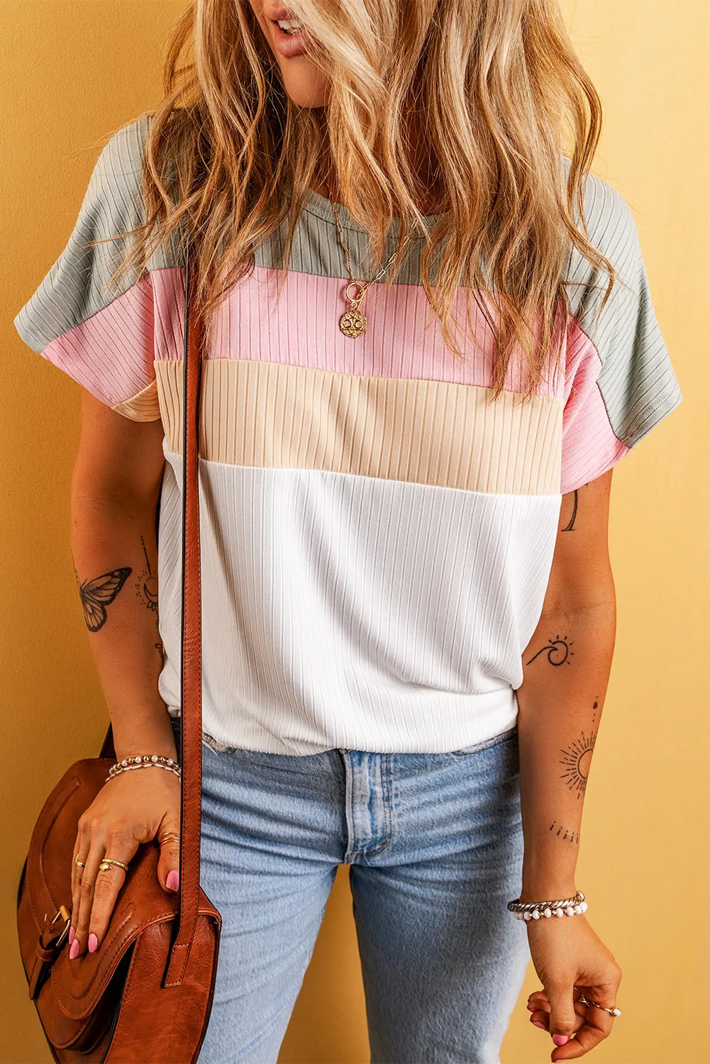 Gray Ribbed Color Block Patchwork T-shirt