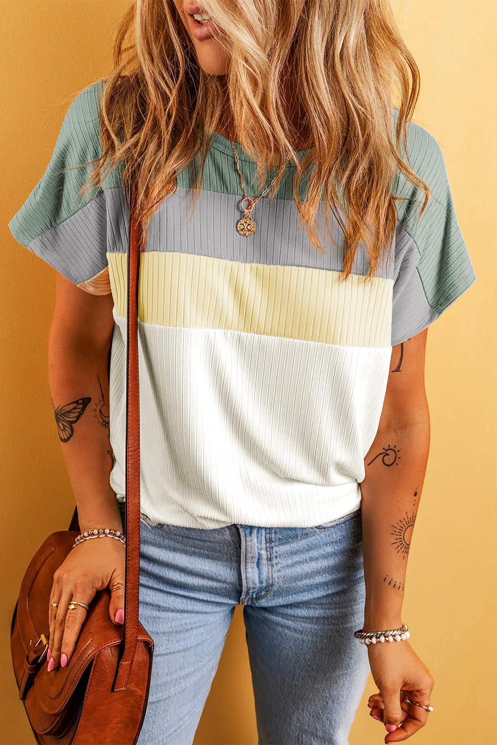 Gray Ribbed Color Block Patchwork T-shirt